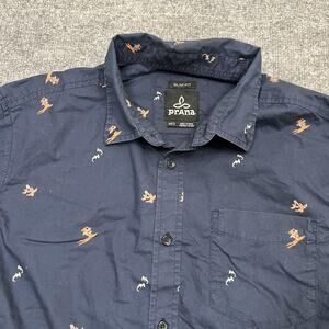 Prana Shirt Mens Medium Blue Short Sleeve Button Up Slim Fit Organic Cotton